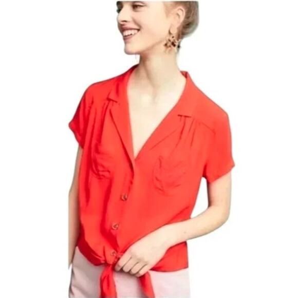 Maeve by Anthropology Front Tie Button Down Blouse Top Shirt Red Size 8 M Rayon - Picture 3 of 10